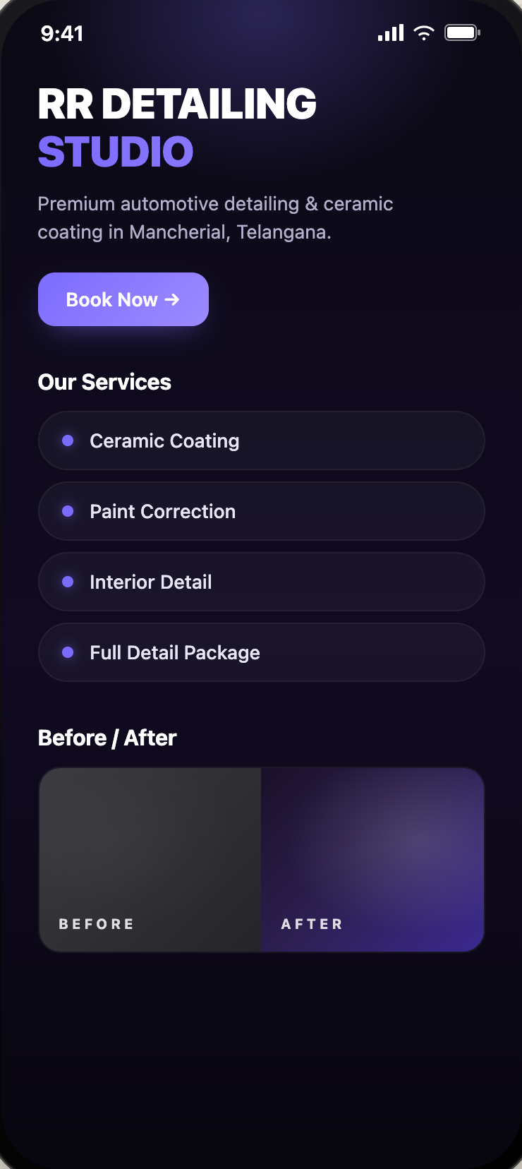 RR Detailing Studio mobile website preview